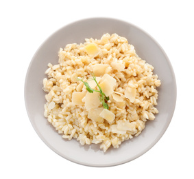 Delicious risotto with cheese isolated on white, top view