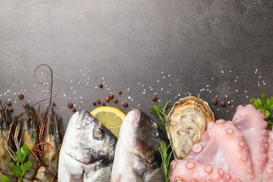 Photo of Flat lay composition with fresh raw dorado fish and different seafood on grey table. Space for text