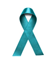 Teal awareness ribbon on white background, top view. Symbol of social and medical issues