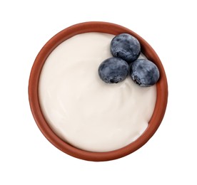 Bowl of delicious yogurt with blueberries isolated on white, top view