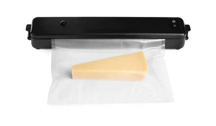 Vacuum packing sealer and plastic bag with cheese on white background
