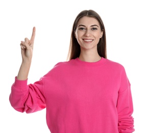 Woman showing number one with her hand on white background