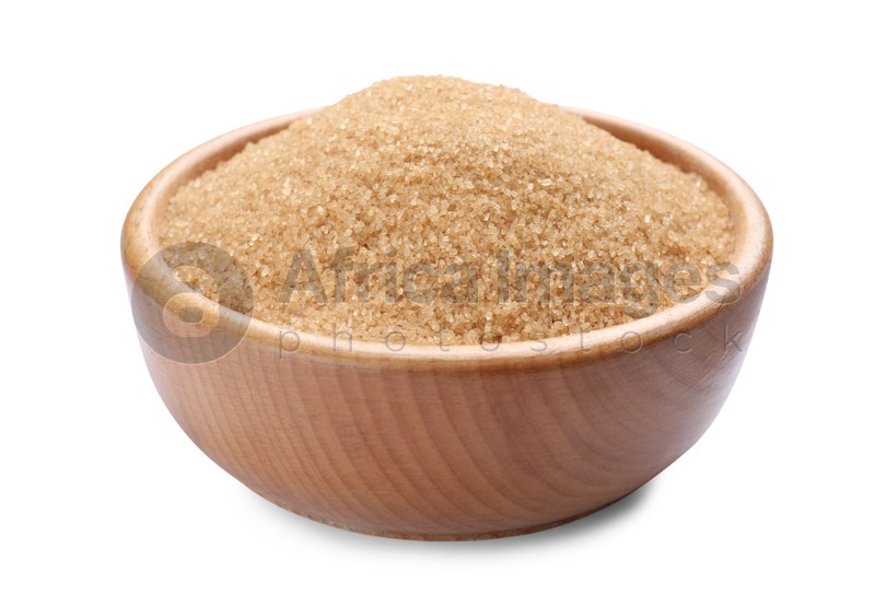 Brown sugar in wooden bowl isolated on white