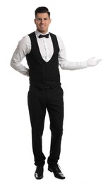 Handsome butler in elegant uniform on white background