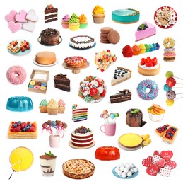 Set with different tasty desserts on white background