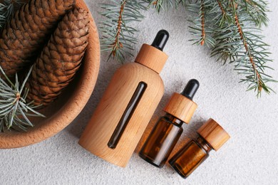 Bottles of aromatic essential oil, pine branches and cones on light grey table, flat lay