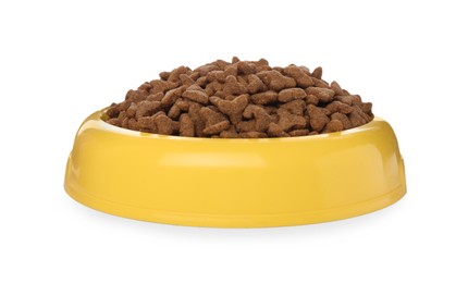 Photo of Dry food in yellow pet bowl isolated on white