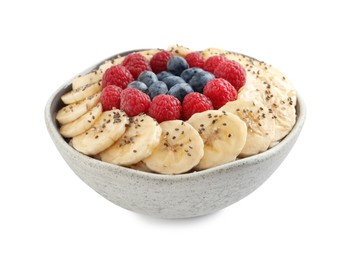 Photo of Tasty breakfast with berries, banana and chia seeds in bowl on white background