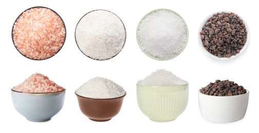 Set with different kinds of salt on white background. Banner design 