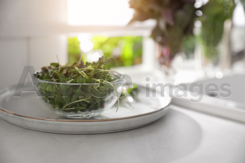 Photo of Bowl of fresh organic microgreen on countertop near sink in kitchen