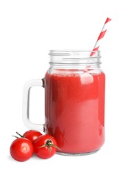 Photo of Mason jar of tasty tomato smoothie and fresh vegetables on white background