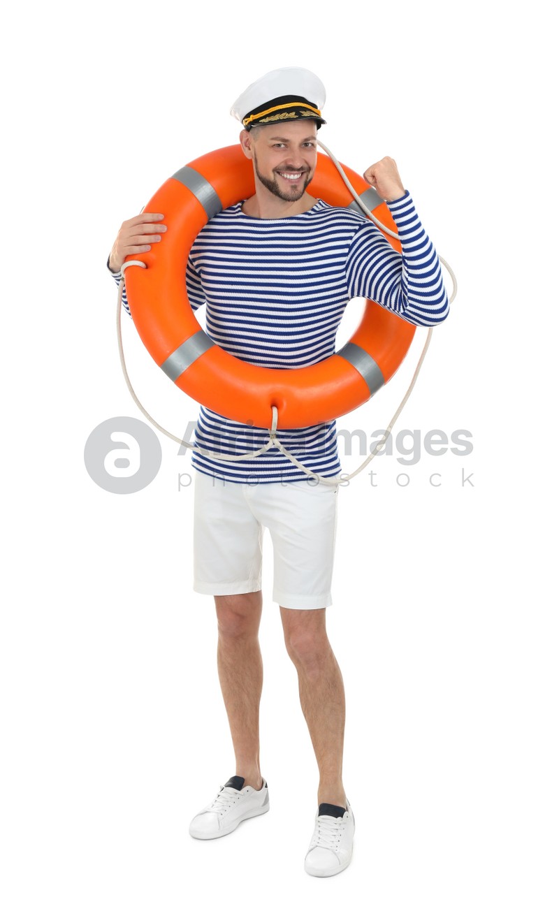 Sailor with orange ring buoy on white background