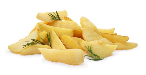 Tasty baked potato wedges with rosemary on white background