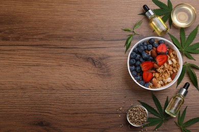 CBD oil, THC tincture, oatmeal bowl, hemp leaves and seeds on wooden table, flat lay. Space for text
