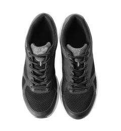Stylish sport shoes on white background, top view. Trendy footwear