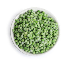 Frozen peas in bowl isolated on white, top view. Vegetable preservation