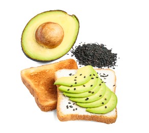 Photo of Delicious toasts with cream cheese, avocado and black sesame seeds isolated on white