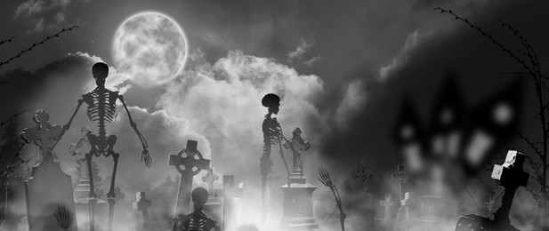 Scary skeletons at misty cemetery in night. Banner design
