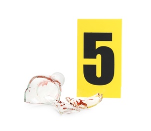 Bloody broken bottle and crime scene marker with number five isolated on white