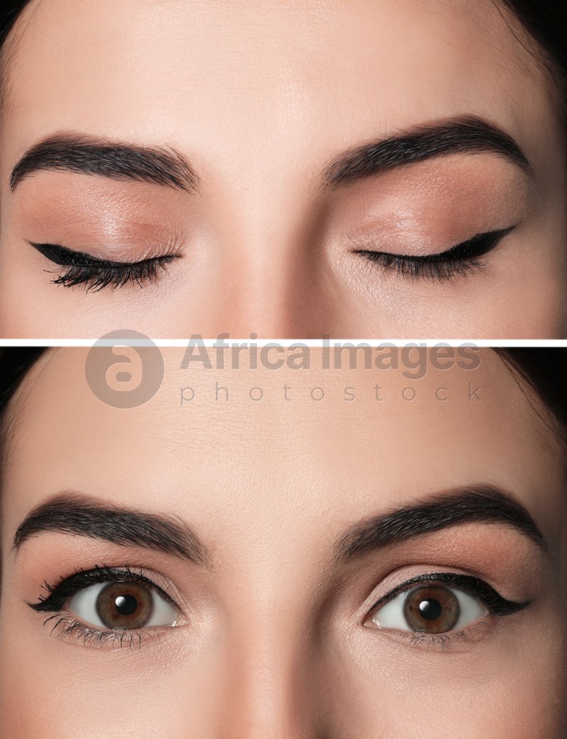 Image of Collage with photos of woman with black eyeliner, closeup view of closed and open eyes 