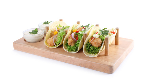 Yummy fish tacos with sauce isolated on white