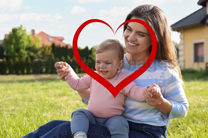 Illustration of red heart and happy mother with her cute baby at backyard on sunny day