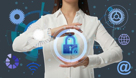 Cyber security concept. Closeup view of woman and different virtual icons on grey background, illustration