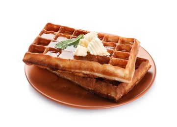 Photo of Delicious Belgian waffles with honey, mint and butter on white background