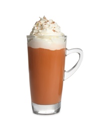 Delicious pumpkin latte with whipped cream isolated on white