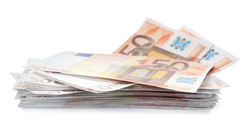 Pile of euro banknotes isolated on white. Money and finance
