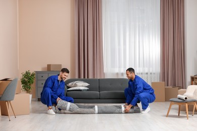 Photo of Male movers with carpet in new house