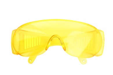 Protective goggles isolated on white, top view. Safety equipment