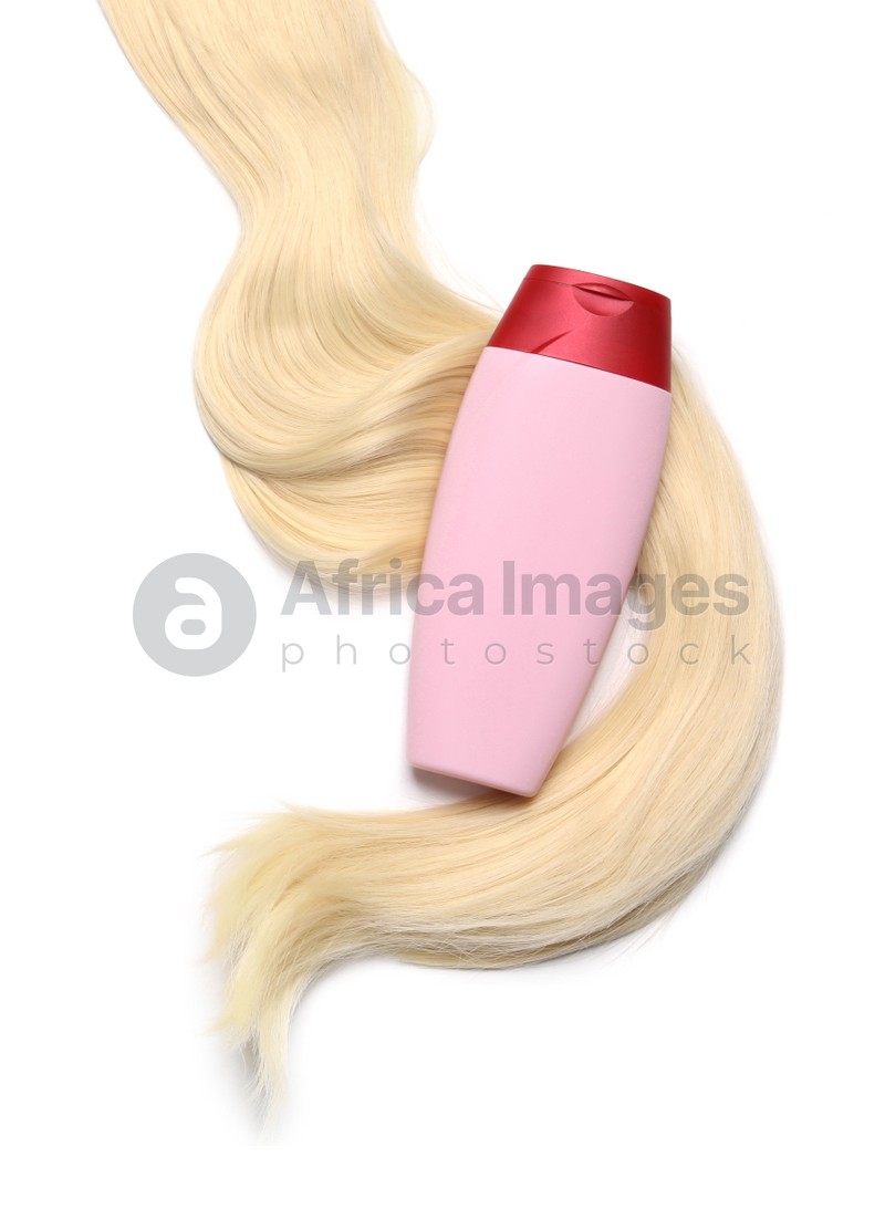 Lock of beautiful blonde straight hair and cosmetic product on white background, top view
