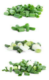Set of cut green onions on white background