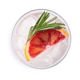 Delicious refreshing drink with sicilian orange, fresh rosemary and ice cubes in glass isolated on white, top view
