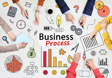 Image of Discussing business process. People and different illustrations on white background, top view