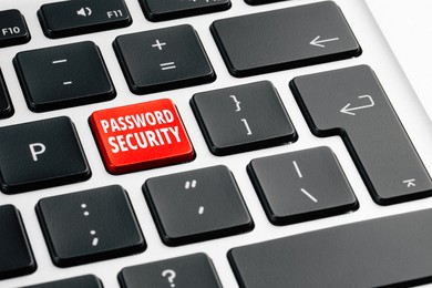 Red button with text PASSWORD SECURITY on keyboard, closeup view