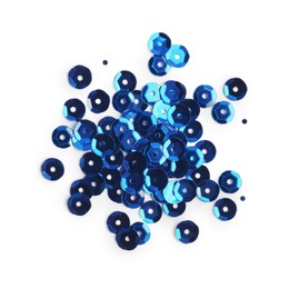 Photo of Pile of dark blue sequins isolated on white, top view