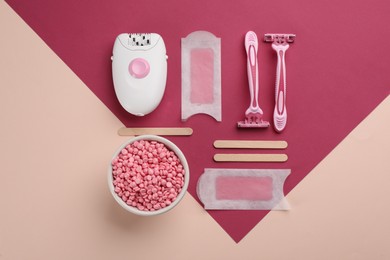 Set of epilation products on color background, flat lay