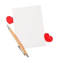 Blank card, pen and red decorative hearts on white background, top view. Valentine's Day celebration