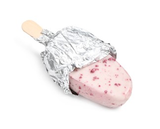 Ice cream bar with glaze wrapped in foil on white background