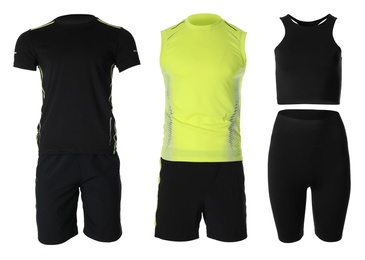 Collection of stylish sportswear on white background