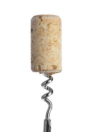 Corkscrew with wine cork on isolated background. Domestic tool