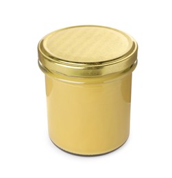 Glass jar of delicious mustard isolated on white