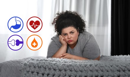 Virtual icons demonstrating different health problems and overweight woman on bed at home