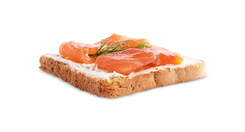 Delicious toast with cream cheese, salmon and microgreens isolated on white