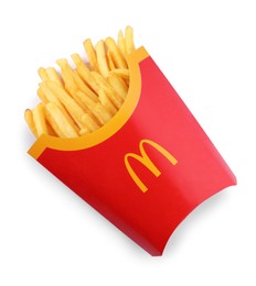MYKOLAIV, UKRAINE - AUGUST 11, 2021: Big portion of McDonald's French fries isolated on white, top view