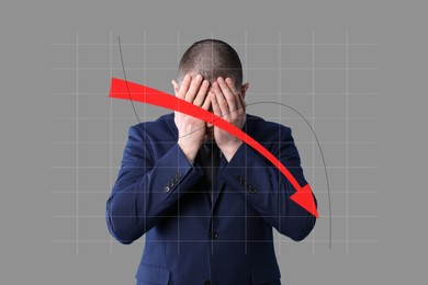 Upset businessman and illustration of falling down chart on light grey background. Economy recession concept