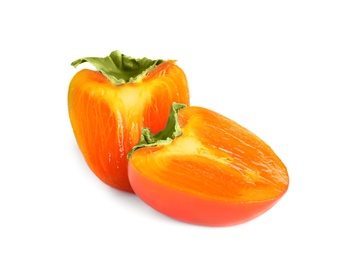 Delicious cut fresh persimmon isolated on white