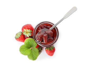 Delicious pickled strawberry jam and fresh berries isolated on white, top view